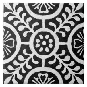 Talavera 11 Black White Grey Mediterranean Floral Tile