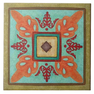 Talavera 15 Olive Aqua Orange Mediterranean Floral Tile