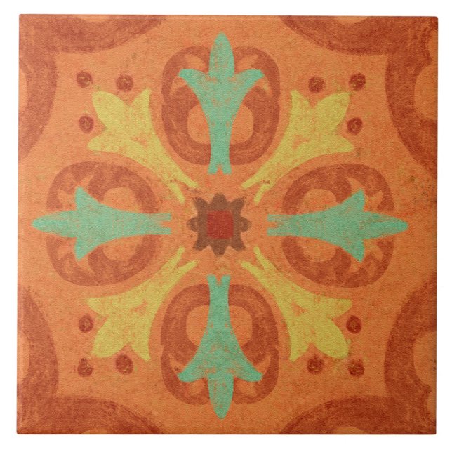 Talavera 16 Orange Rust Aqua Mediterranean Geo Tile (Front)