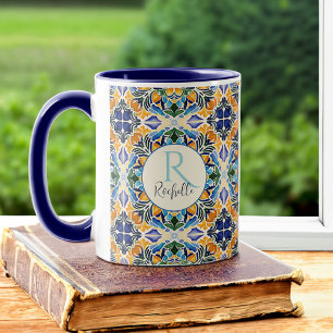 Talavera azulejo blue bridesmaids gifts monogram mug