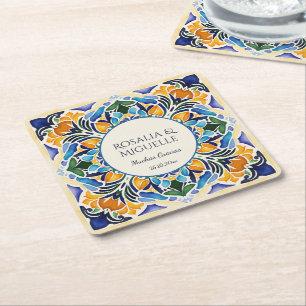Talavera azulejo blue tile  favors vintage Mexican Square Paper Coaster