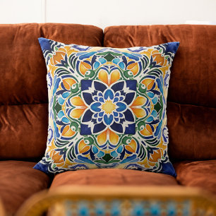 Talavera azulejo blue tile vintage Mexican pattern Throw Pillow