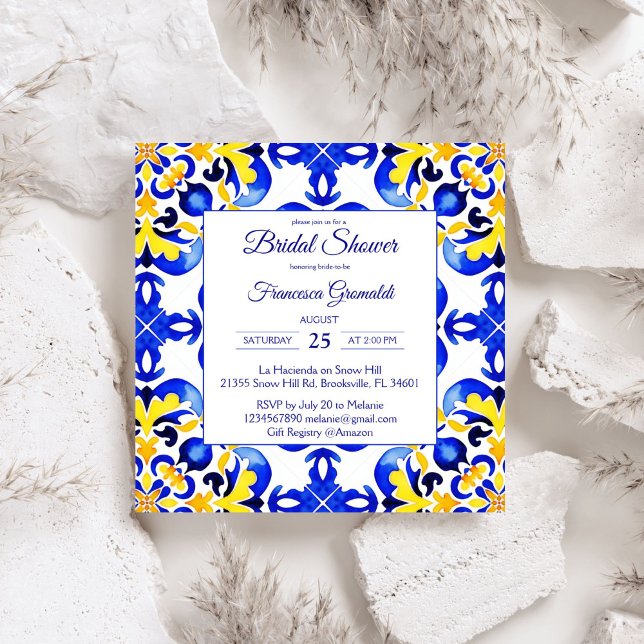 Talavera azulejo blue tiles Mexican bridal shower Invitation (Talavera azulejo blue yellow tiles vintage Mexican bridal shower Invitation editable template)