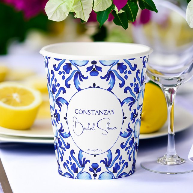 Talavera azulejo blue tiles Mexican bridal shower  Paper Cups (Talavera azulejo blue tiles vintage Mexican bridal shower monogram printed Paper Cups table decor)