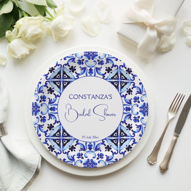 Talavera azulejo blue tiles Mexican bridal shower Paper Plate (Talavera azulejo blue tiles Italian Mediterranean vintage Mexican bridal shower printed Paper Plates)