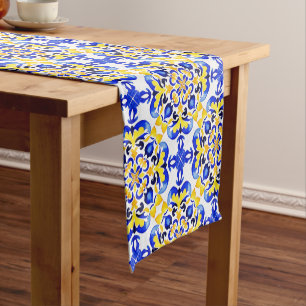 Talavera azulejo blue yellow tiles table decor short table runner