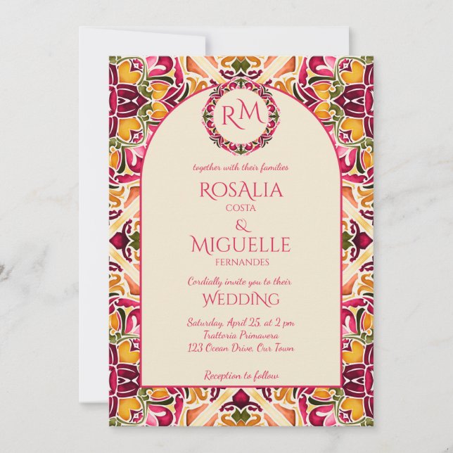 Talavera azulejo pink tile vintage Mexican wedding Invitation (Front)