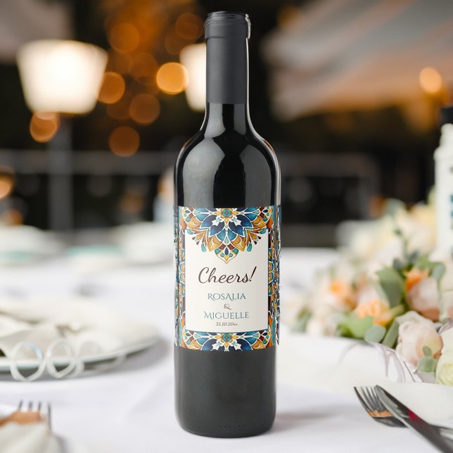 Talavera azulejo tile vintage Mexican wedding Wine Label (Talavera azulejo tiles vintage Mexican wedding Wine Label bohemian wedding cheers wine labels)