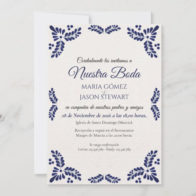 Talavera Blue Floral Minimalist Spanish Wedding Invitation (Front)