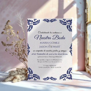 Talavera Blue Floral Minimalist Spanish Wedding Invitation