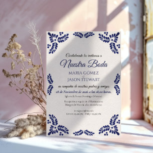 Talavera Blue Floral Minimalist Spanish Wedding Invitation