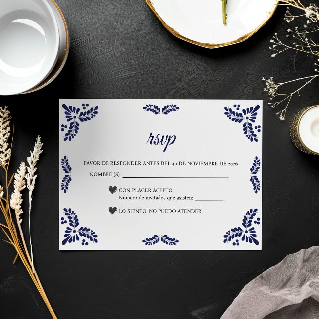 Talavera Blue Floral Minimalist Spanish Wedding RSVP Card (Talavera Blue Floral Minimalist Spanish Wedding RSVP Card)