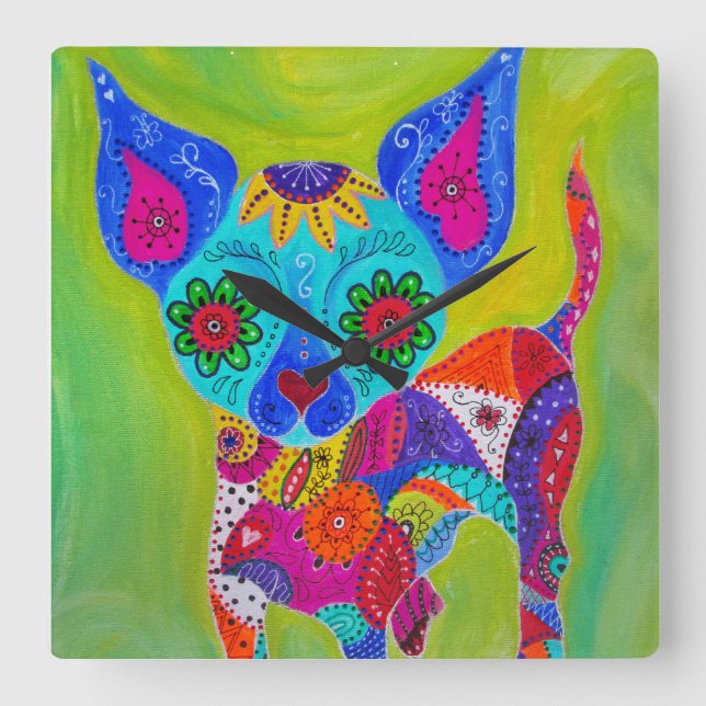 Talavera Chihuahua Square Wall Clock (Front)