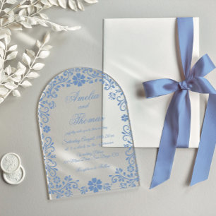 Talavera Dusty Blue Floral Wedding  Acrylic Invitations