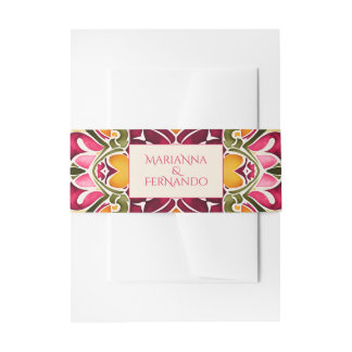 Talavera fuchsia tile vintage Mexican wedding Invitation Belly Band
