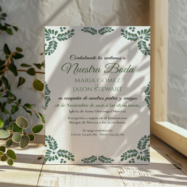 Talavera Green Floral Minimalist Spanish Wedding Invitation (Talavera Green Floral Minimalist Spanish Wedding Invitation)