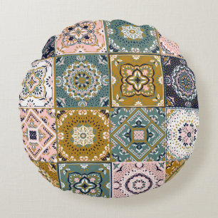 Talavera Indian: Patchwork, Ethnic Mosaic. Round Pillow
