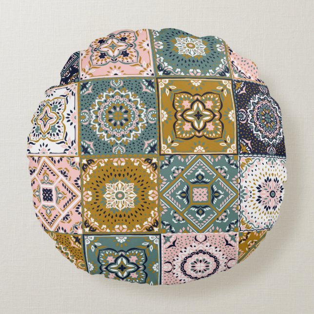 Talavera Indian: Patchwork, Ethnic Mosaic. Round Pillow (Front)