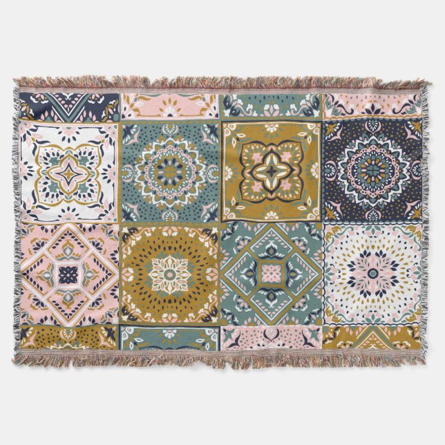 Talavera Indian: Patchwork, Ethnic Mosaic. Throw Blanket (Front)