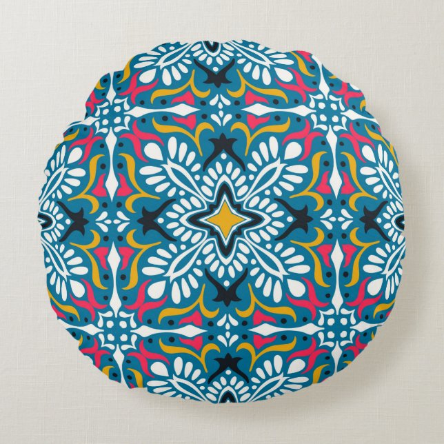 Talavera pattern. Indian patchwork. Azulejos portu Round Pillow (Front)