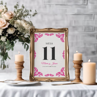Talavera Pink Floral Minimalist Spanish Wedding Table Number