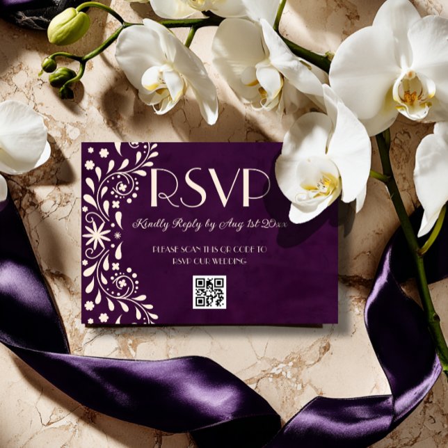 Talavera Plum Floral Wedding QR code RSVP Card (Creator Uploaded)
