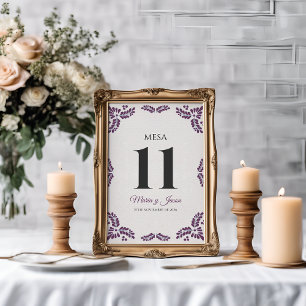 Talavera Purple Floral Minimalist Spanish Wedding Table Number