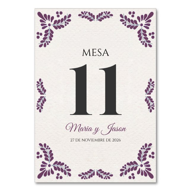 Talavera Purple Floral Minimalist Spanish Wedding Table Number (Front)