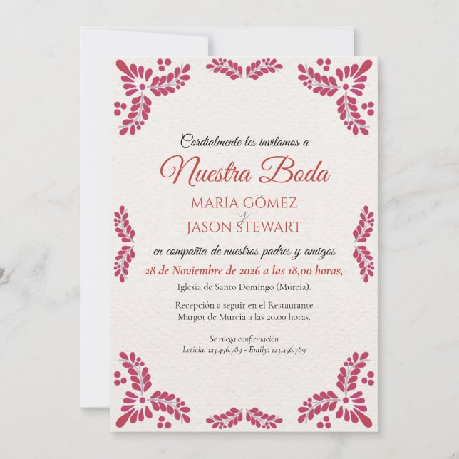 Talavera Red Floral Minimalist Spanish Wedding Invitation (Front)