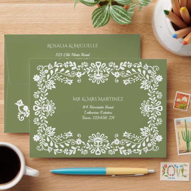 Talavera sage green Mexican wedding addressed Envelope (Desk)