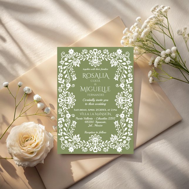 Talavera sage green Mexican wedding Invitation (Talavera sage green Mexican wedding Invitation cards template folk art border wedding cards)