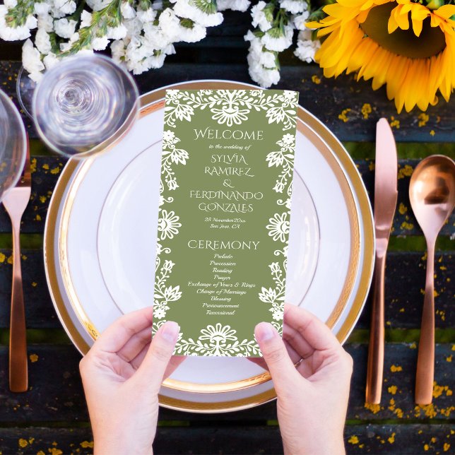 Talavera sage green Mexican wedding program (Talavera folk art sage green Mexican wedding program)