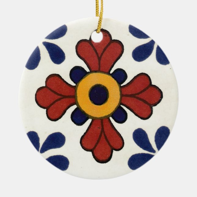 Talavera tile in red & blue ceramic ornament (Front)