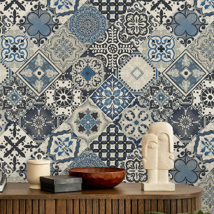 Talavera Tles Navy Cobalt Blue Grey Wallpaper