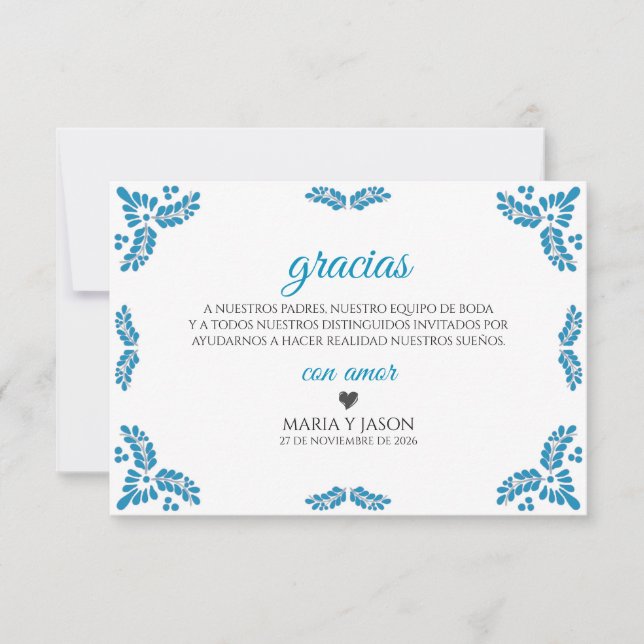 Talavera Turquoise Minimalist Spanish Wedding Thank You Card (Front)