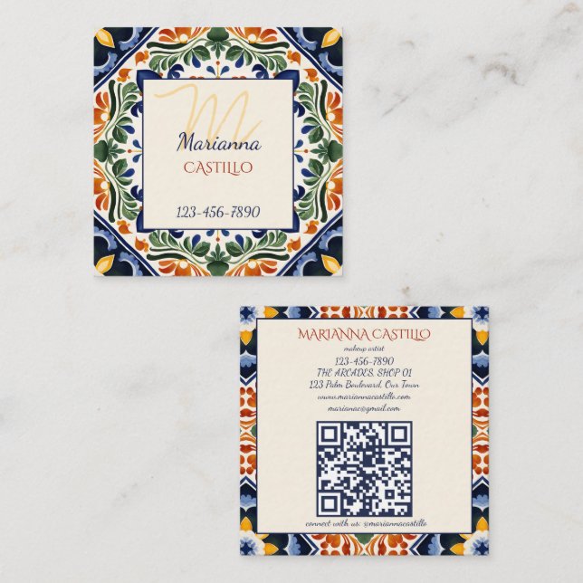 Talavera vintage Mexican folk art Square Business Card (Front/Back)