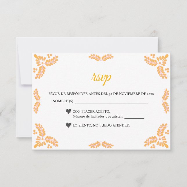 Talavera Yellow Floral Minimalist Spanish Wedding RSVP Card (Front)