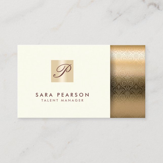 Talent Manager Entertainement Gold Monogram Damask Business Card (Front)