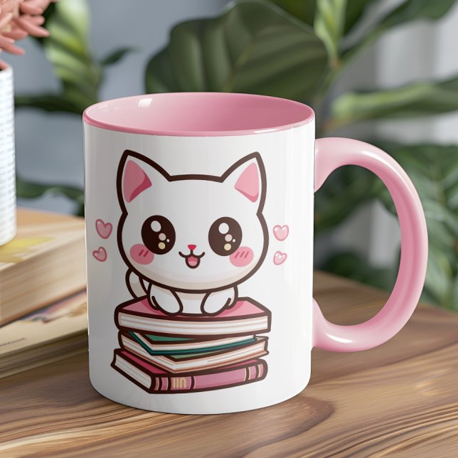 Tales And Tails Make My Day - Cat And Books Photo Mug (This cozy and creative design is perfect for anyone who loves their pets as much as their books!)