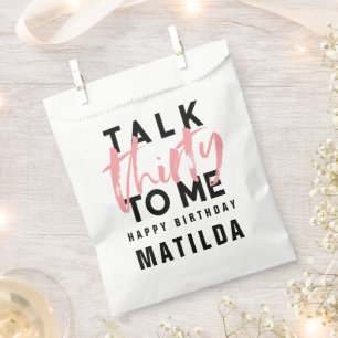 Talk 30 me modern pink girly typography birthday favour bag