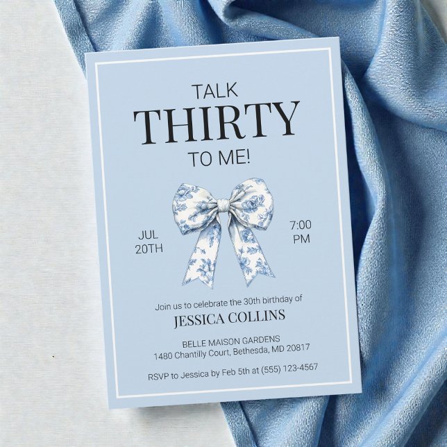 Talk 30 to Me Blue Coquette Bow Thirty Birthday Invitation (Talk 30 to Me Blue Coquette Bow Thirty Birthday Invitation)