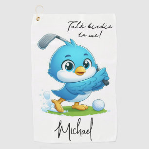 Talk birdie to me, Cute Bird Golfing Golf Towel