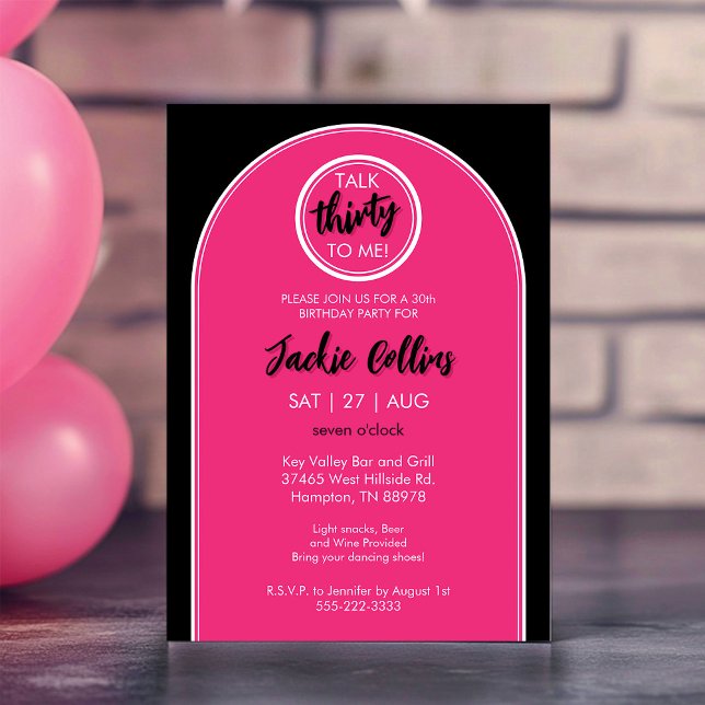 Talk Thirty To Me 30th Birthday Party Invitation (Talk 30 To Me Hot Pink and Black 30th Birthday Party Invitation)