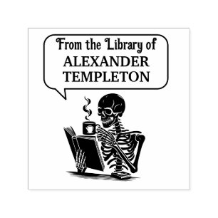 Talking Skeleton Drinking Coffee Reading Book #2 Self-inking Stamp