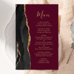 Tall Budget Black Gold Agate Burgundy Wedding Menu<br><div class="desc">The left-hand edge of this elegant modern wedding menu features a black watercolor agate border trimmed with faux gold glitter. The customizable text combines gold-coloured handwriting script and copperplate fonts on a burgundy red background. The reverse side features a matching black and gold agate design.</div>