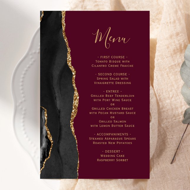 Tall Budget Black Gold Agate Burgundy Wedding Menu (Creator Uploaded)