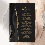 Tall Budget Black Gold Agate Dark Wedding Menu<br><div class="desc">The left-hand edge of this elegant modern wedding menu features a black watercolor agate border trimmed with faux gold glitter. The customizable text combines gold coloured handwriting script and copperplate fonts on an off-black background. The reverse side features a matching black and gold agate design.</div>