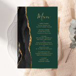 Tall Budget Black Gold Agate Green Wedding Menu<br><div class="desc">The left-hand edge of this elegant modern wedding menu features a black watercolor agate border trimmed with faux gold glitter. The customizable text combines gold-coloured handwriting script and copperplate fonts on a dark emerald green background. The reverse side features a matching black and gold agate design.</div>
