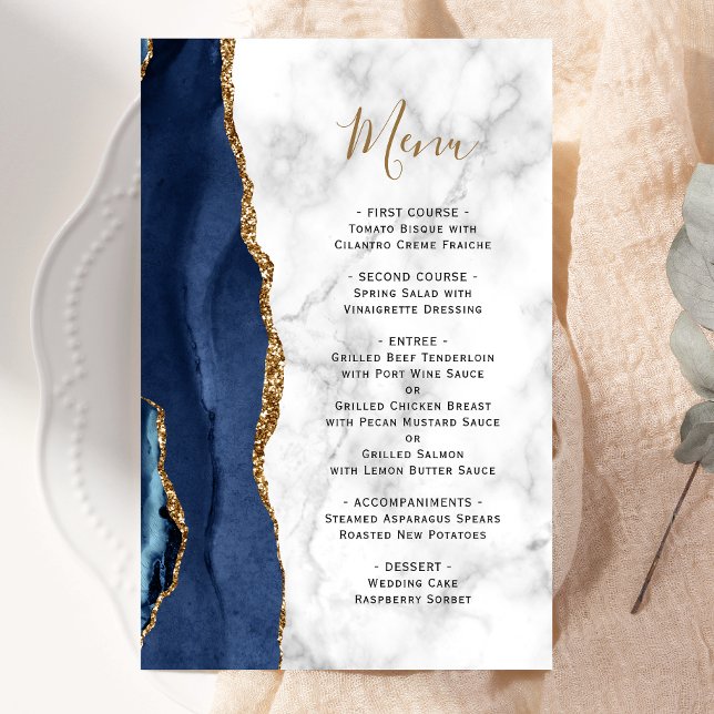 Tall Budget Navy Blue Agate Marble Wedding Menu (Creator Uploaded)