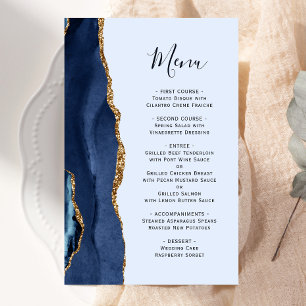 Tall Budget Navy Blue Gold Agate Wedding Menu
